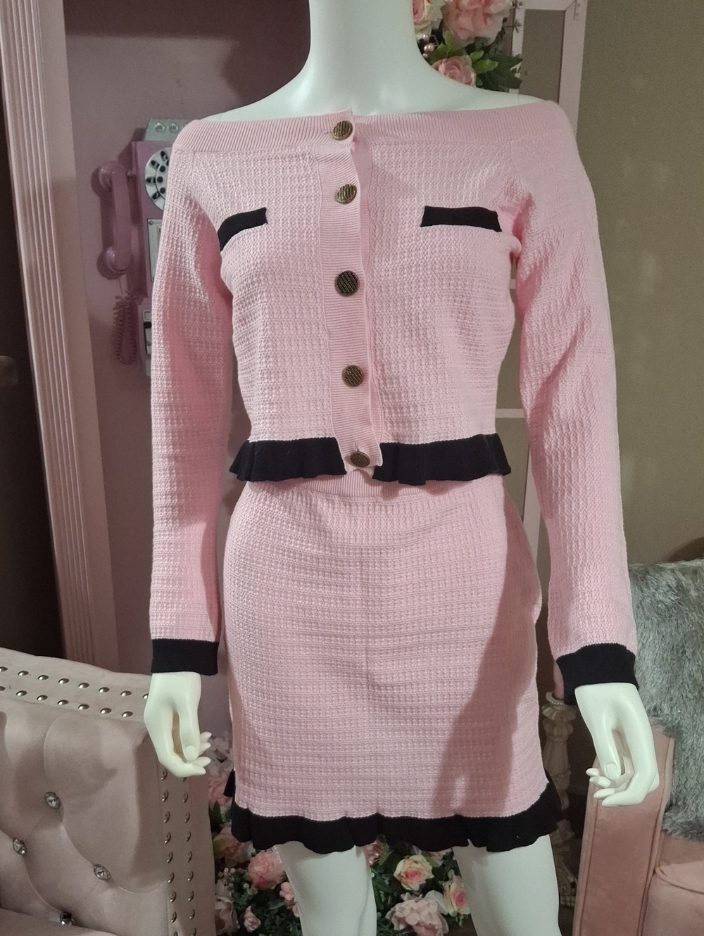Pink Knit Two-Piece Skirt Set with Black Trim NWT